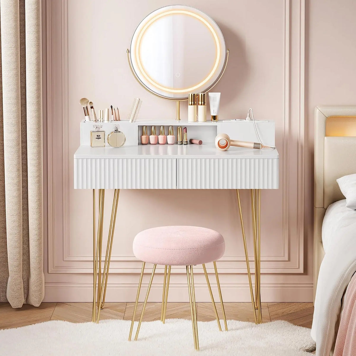 VASAGLE Coiffeuse avec Miroir Pivotant – beige/gris/blanc