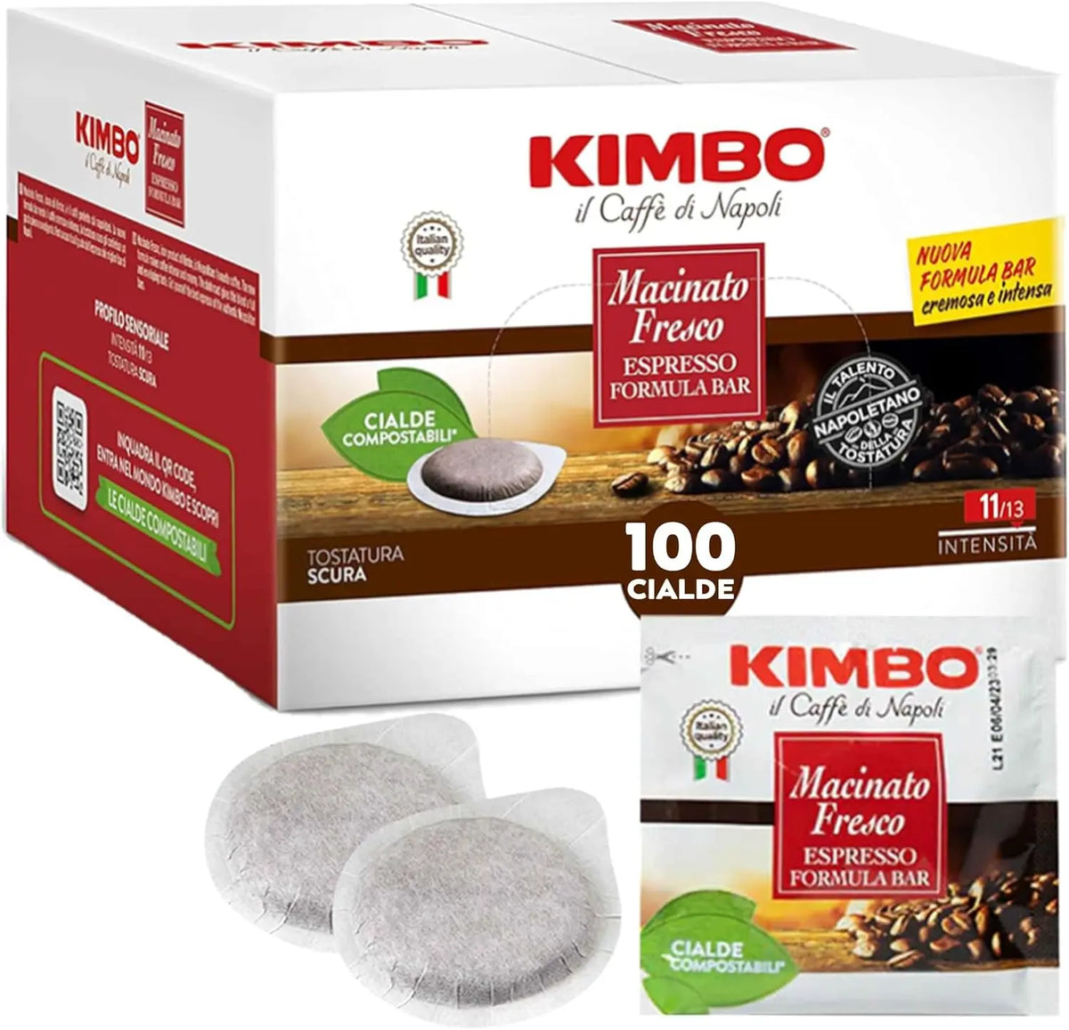 Kimbo Moulin frais - 100 dosettes ESE 44 mm avec pur café torréfié en Italie – gris/orange/rouge