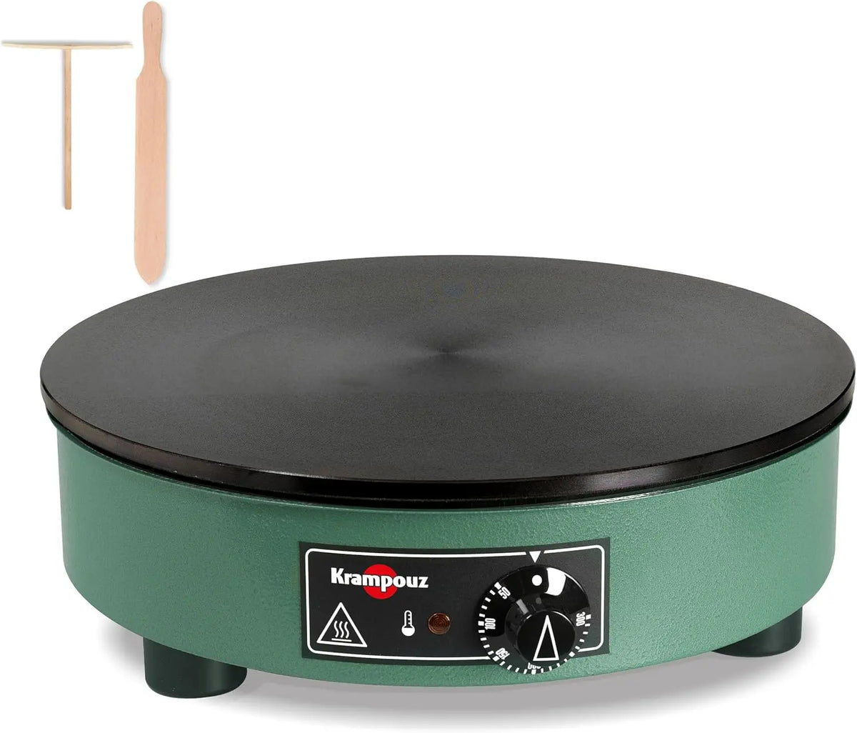 KRAMPOUZ Crêpière Électrique BILLIG - Plaque en Fonte Usinée Diamètre 40 cm - 220-240 Volts et 3000 Watts – gris/vert