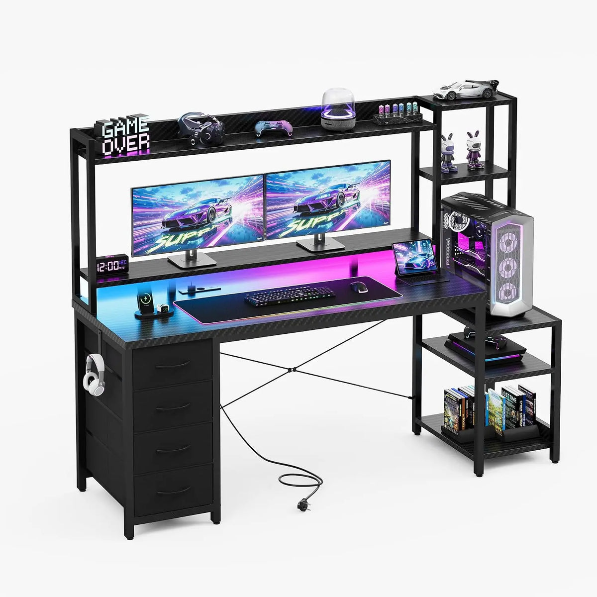 YOUDENOVA Bureau de jeu avec tiroirs et étagère – 150 x 48 cm, gris/noir/bleu
