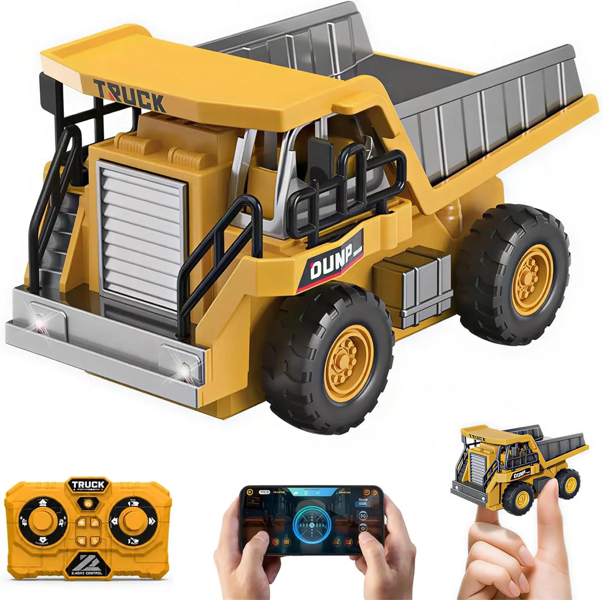 Mini Camion Benne Télécommandé 1:64,9 Canaux Dumper RC – 2,4 GHz, gris/orange