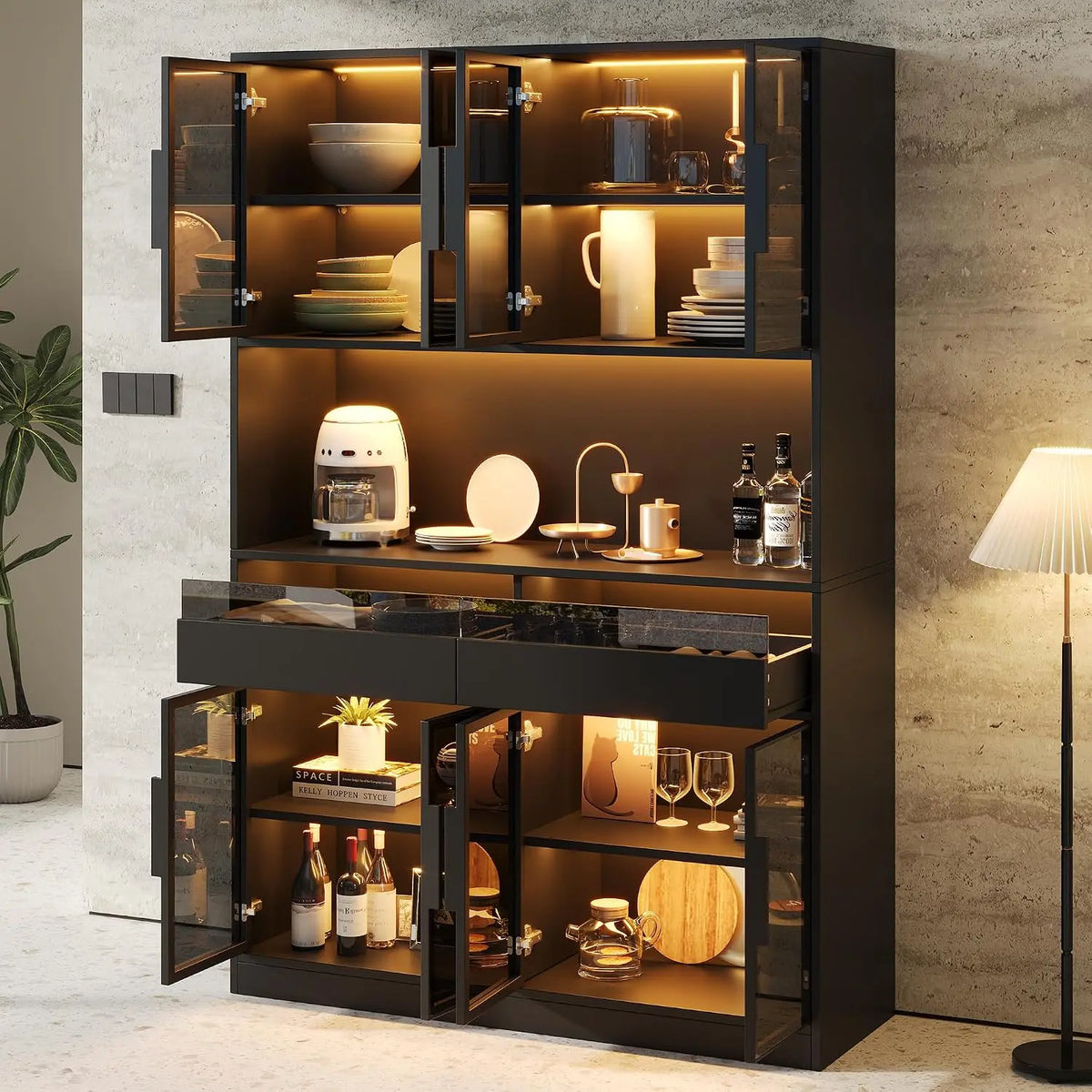 Merax Vitrine 120 x 40 x 180 cm avec 8 portes en verre – gris/noir
