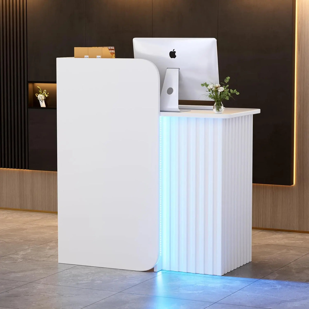 Comptoir Réception avec LED Compact Comptoir d'accueil Petit Bureau d'accueil avec Tiroirs Verrouillables – 44*80*100 CM, gris/noir/bleu