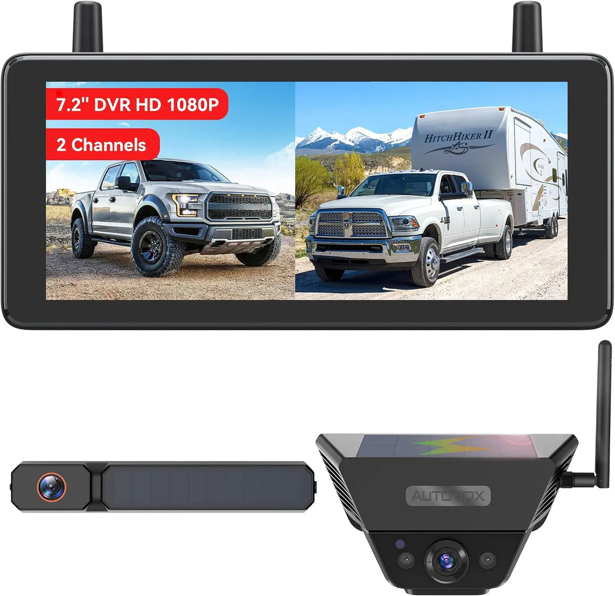 AUTO-VOX Caméra de Recul sans Fil Solaire 2 Caméras – gris/noir/bleu
