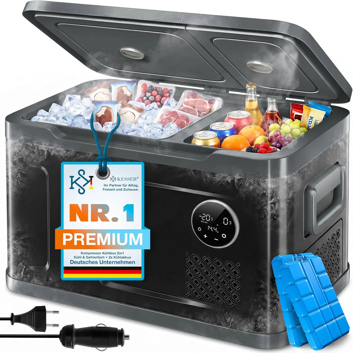 KESSER Glacière à compresseur 2en1 double zone de réfrigération & de congélation – 40 Litres, gris/noir
