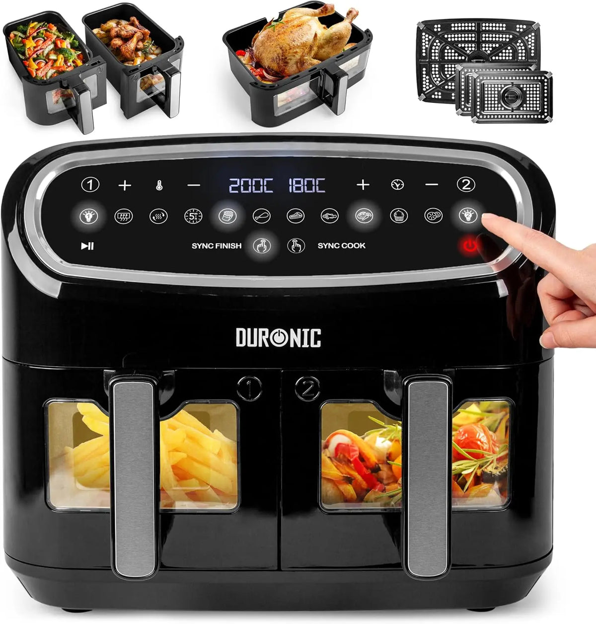 Duronic AF34 BK Set Friteuse à Air avec 1 grand tiroir de 10L et 2 petits tiroirs de 5L inclus – 2400 W, 10 L / 5 L, noir/gris