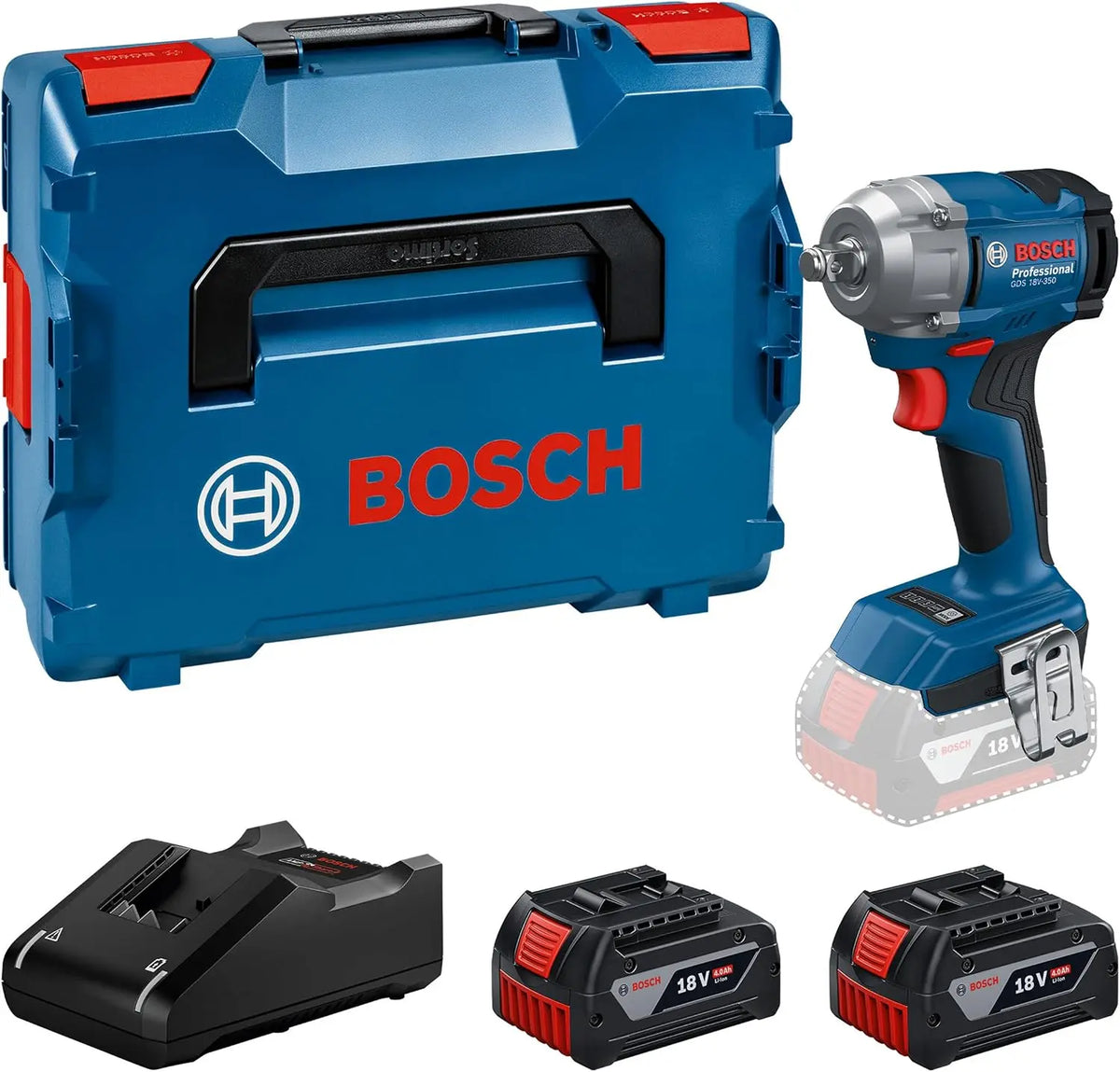 Bosch Professional 18V système Boulonneuse sans fil GDS 18V-350 kit avec 2x batteries 4.0 Ah + GAL 1840 – 4,0 Ah, 85 Nm / 200 Nm, bleu/gris