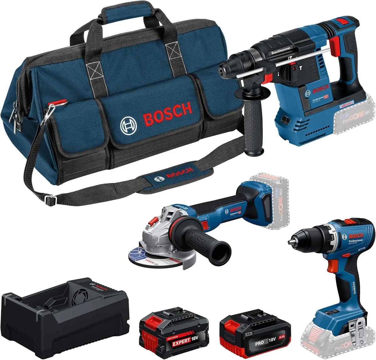 Bosch PRO 18V système Kit combiné : GSR 18V-65 – 5,0 Ah / 5,5 Ah, gris/bleu/noir