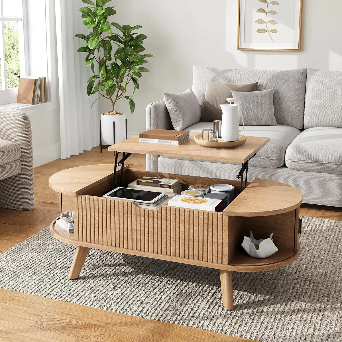 Table Basse Ovale – 110 x50 x53,5 cm, gris/beige